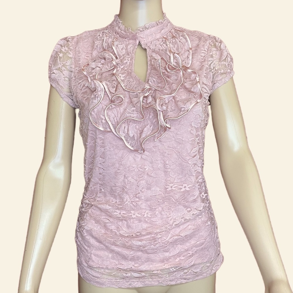 Body Con Stretch Lace Ruffled Collar Blouse Size Medium